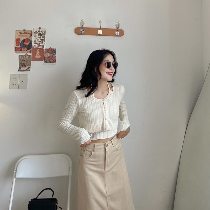 Set áo yếm cột cổ và áo khoác tay dài len gân croptop
