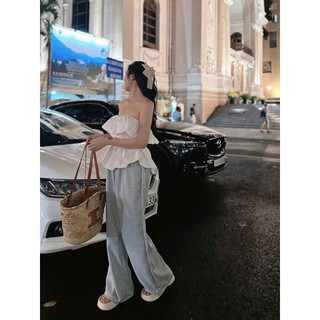 Set áo peplum ống cúp kèm quần caro ống rộng