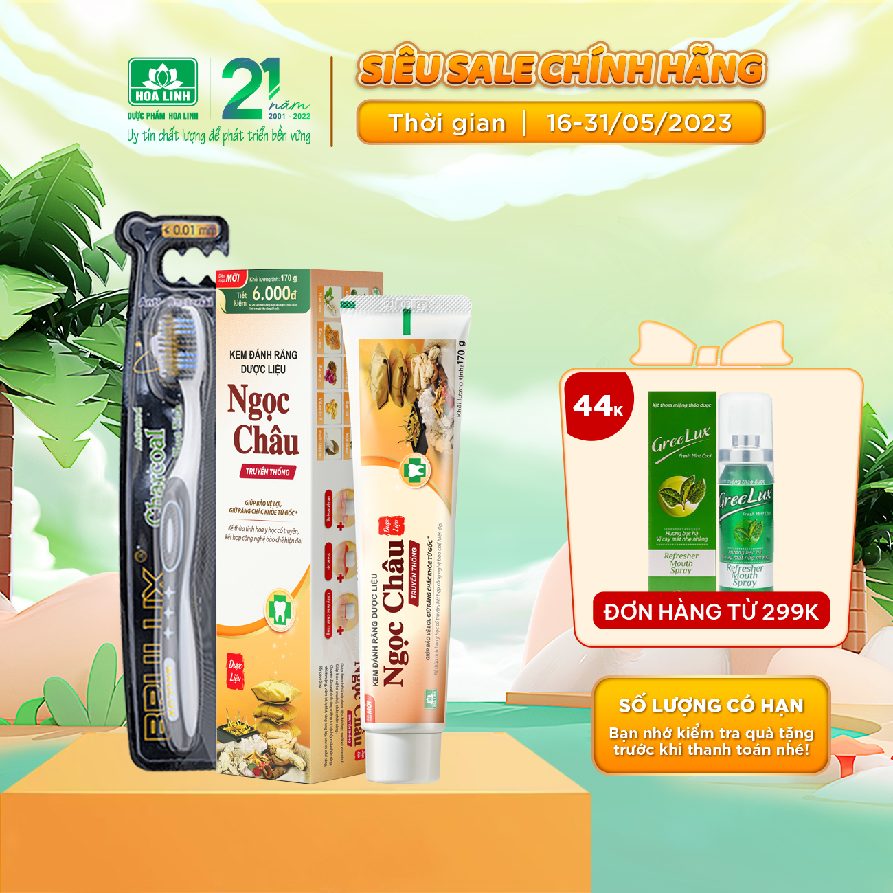 {MỚI} Comnbo Kem đánh răng dược liệu Ngọc Châu 170g + Bàn chải Brulux (Tiết kiệm 14,000đ)