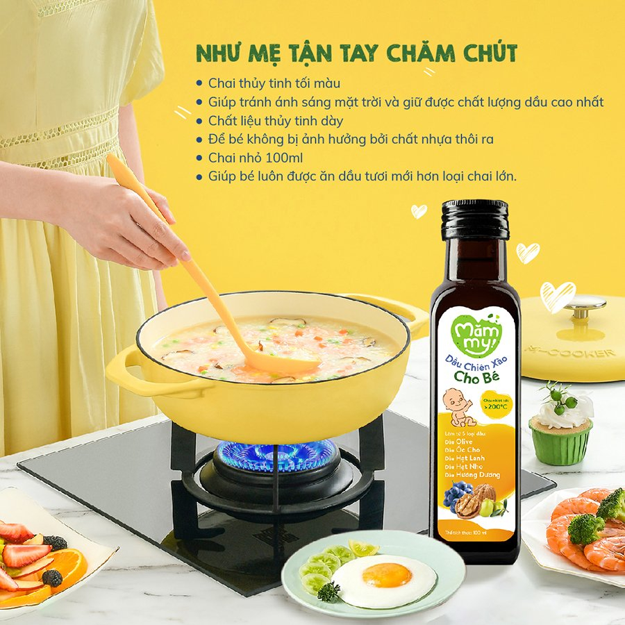Dầu chiên xào cho bé Mămmy mawmmy  100ml chịu nóng trên 200 độ C, làm từ 5 loại dầu tốt lành