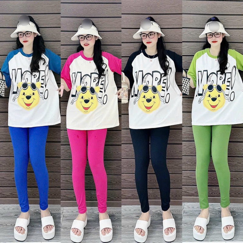 Sét bộ thời trang nữ mặc đi chơi chất cotton in hình gấu mật mix quần dài ôm 4 màu
