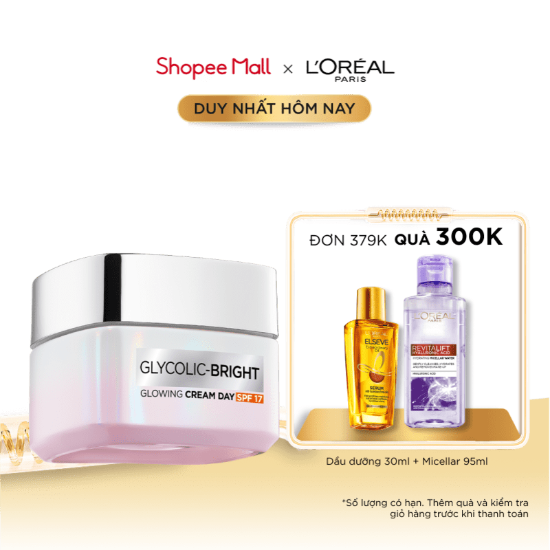 Kem dưỡng ban ngày dưỡng sáng mịn & mờ thâm nám L'Oreal Paris Glycolic (AHA) Bright [Glycolic + Niacinamide] SPF 30 50ml | BigBuy360 - bigbuy360.vn