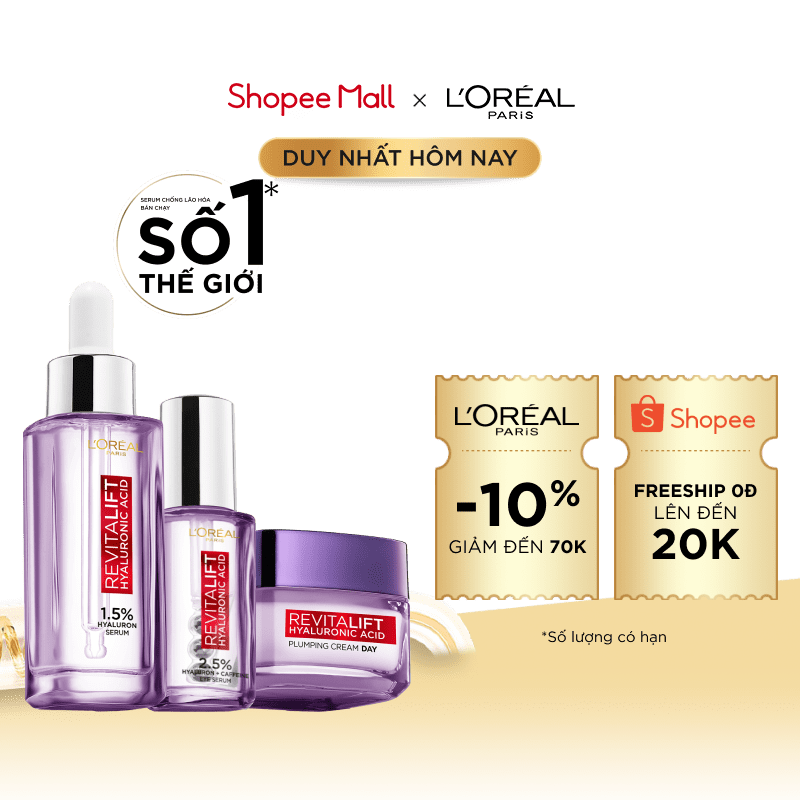 Bộ đôi serum cấp ẩm căng mướt da và kem dưỡng cho mắt và mặt Hyaluronic Acid L'Oreal Paris