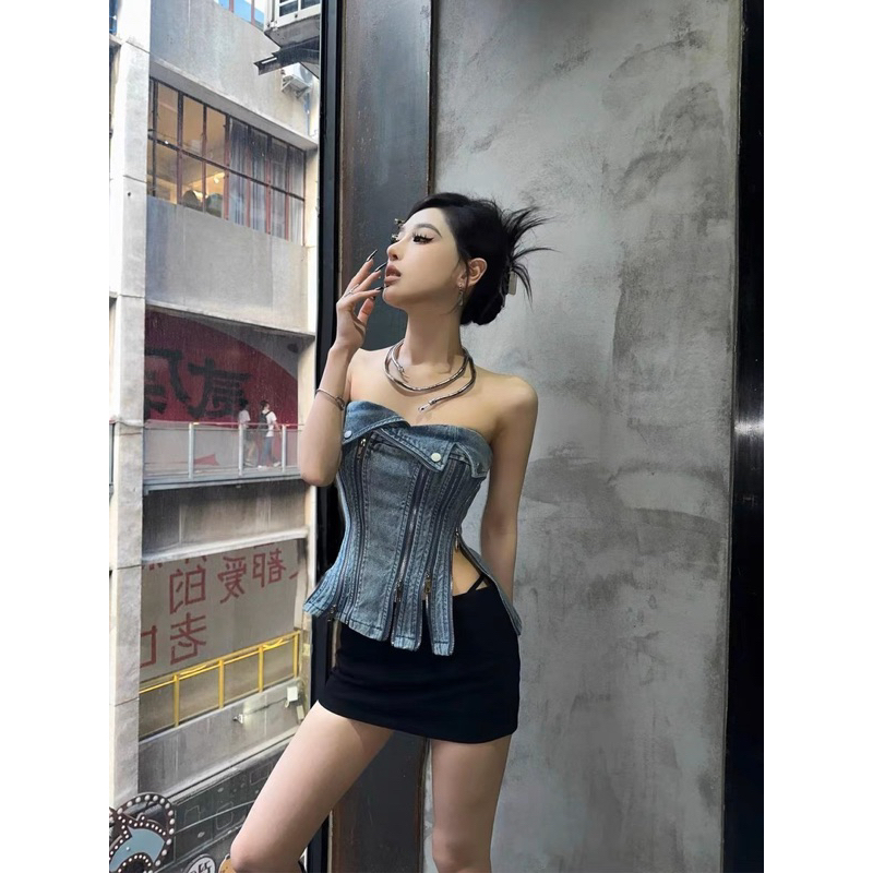 Áo Quây Jeans Kéo Khoá Đính Khuy Cực Ngầu