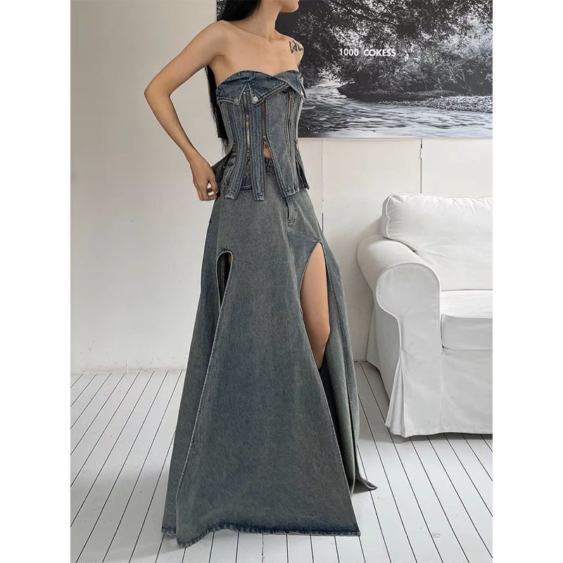 Áo Quây Jeans Kéo Khoá Đính Khuy Cực Ngầu