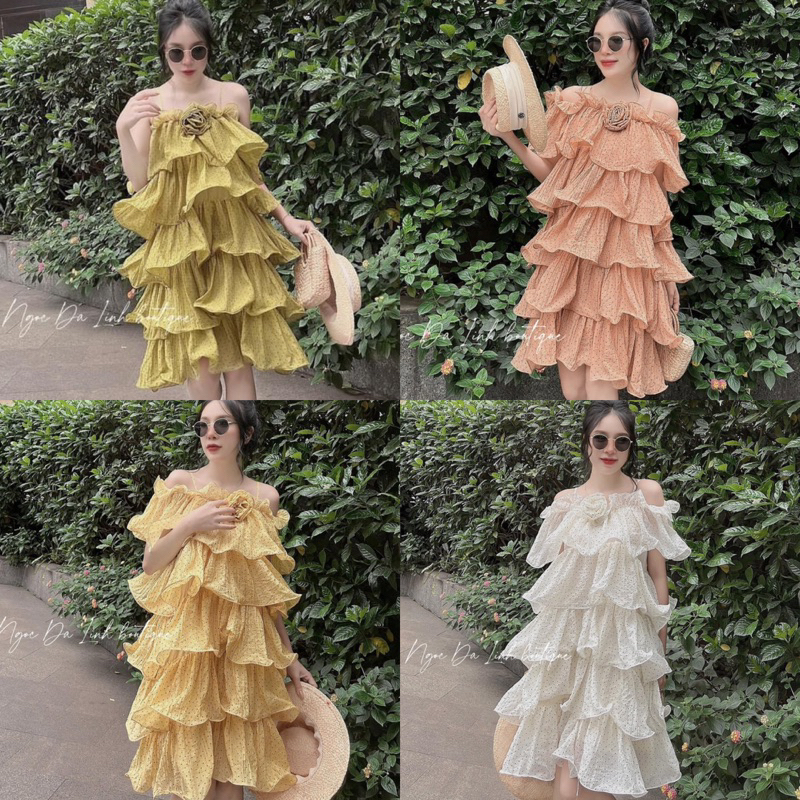 VÁY MAXI 2 DÂY NGANG VAI BÈO TẦNG CHẤM BI NHỎ ĐÍNH HOA NGỰC CHẤT ĐŨI TƠ NHĂN 2 LỚP MỀM MÁT.