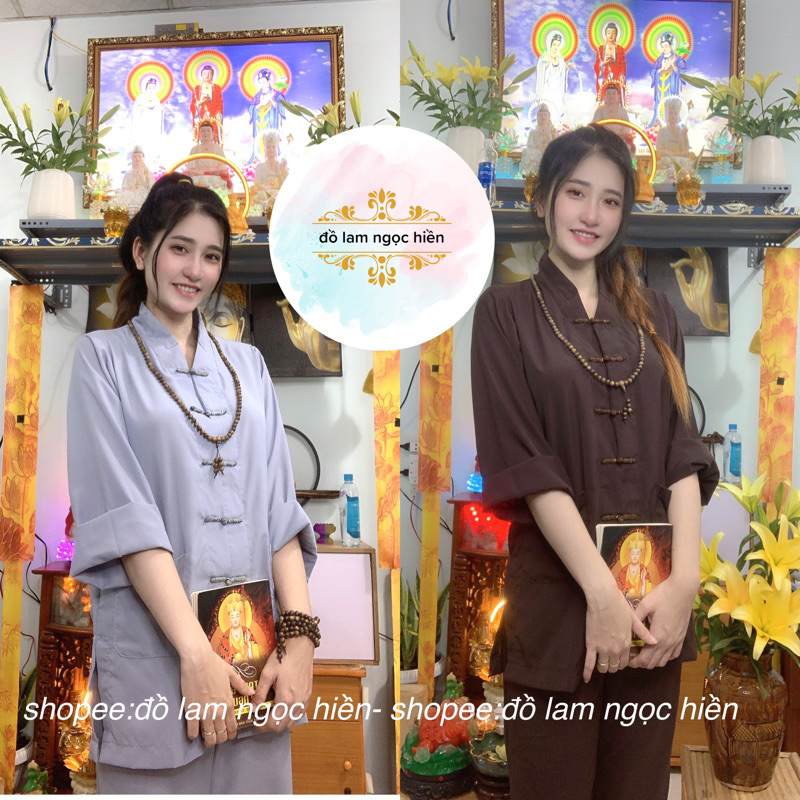 Mẫu Đồ Lam Đi Chùa Nữ La Hán Truyền Thống Màu Nâu, Lam Vải Kate sill