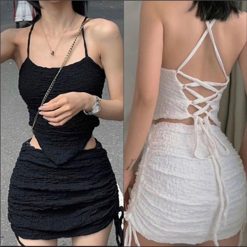 SET ÁO YẾM HỞ LƯNG ĐAN DÂY PHỐI CHÂN VÁY NGẮN DÂY RÚT