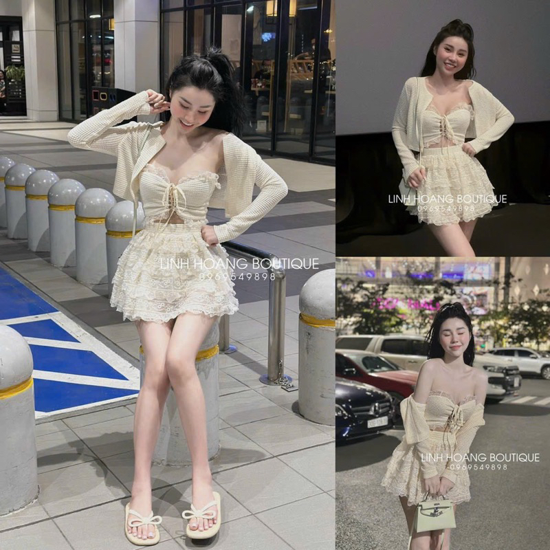 Set áo quây đan dây ngực mix chân váy ren tầng kèm khoác nhẹ diện set 2 hay set 3 đều xuất sắc lun . sz S-M