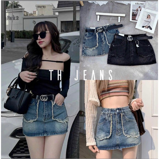 Chân váy jeans túi nhọn viền cắt tua siêu xinh ảnh cận chất TH jeans