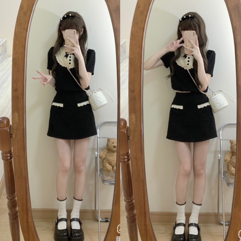 Set Tuyết Mưa Áo Ngực Phối Ren Cục Bọc Kèm Tag Nơ Mix Chân Váy Chữ A Có Lớp Lót