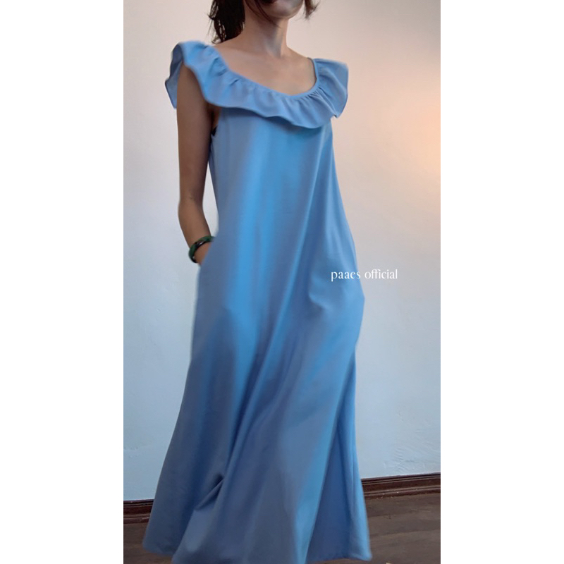 Mây dress- Váy linen cổ bèo dáng suông màu xanh cô ban PAAES [ảnh thật]