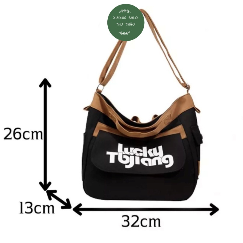 Túi đeo chéo Tote Vải canvas lucky nam nữ unisex Đi Học đi chơi Đựng Sách A4, laptop 14inch xuongbalothuthao