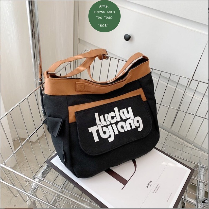 Túi đeo chéo Tote Vải canvas lucky nam nữ unisex Đi Học đi chơi Đựng Sách A4, laptop 14inch xuongbalothuthao