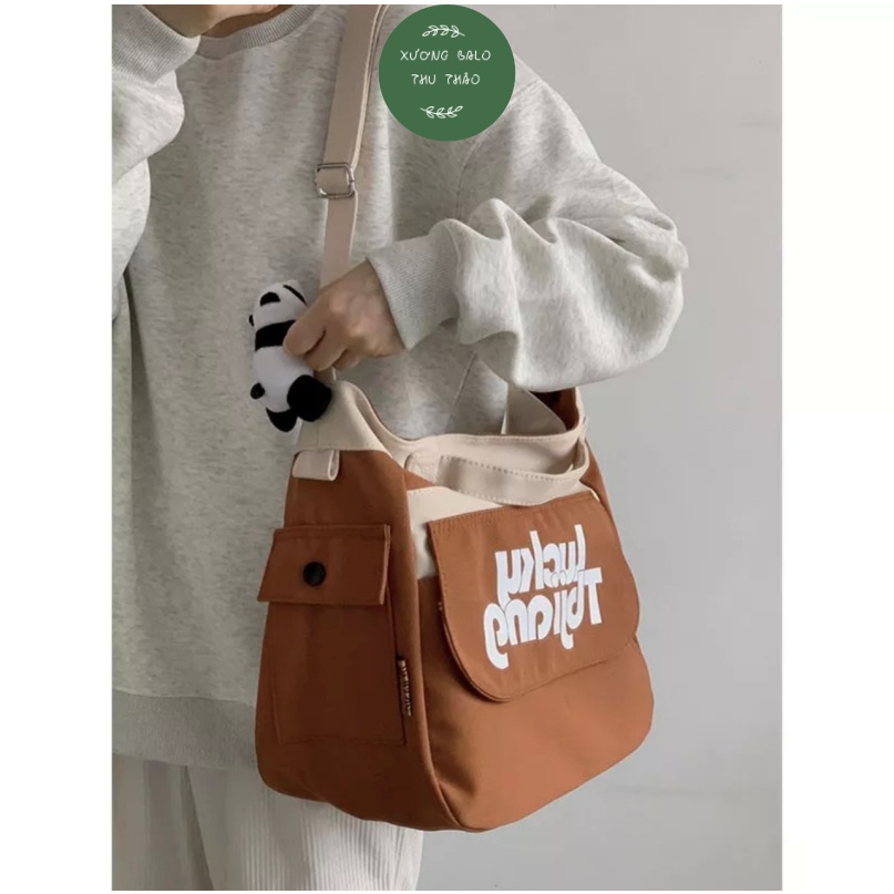 Túi đeo chéo Tote Vải canvas lucky nam nữ unisex Đi Học đi chơi Đựng Sách A4, laptop 14inch xuongbalothuthao
