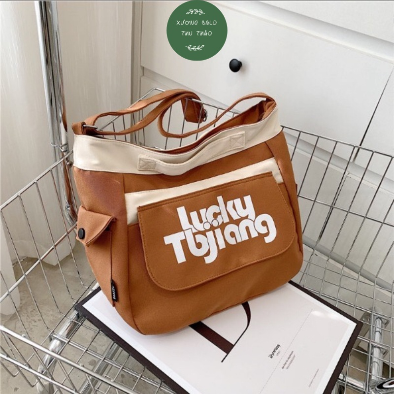 Túi đeo chéo Tote Vải canvas lucky nam nữ unisex Đi Học đi chơi Đựng Sách A4, laptop 14inch xuongbalothuthao