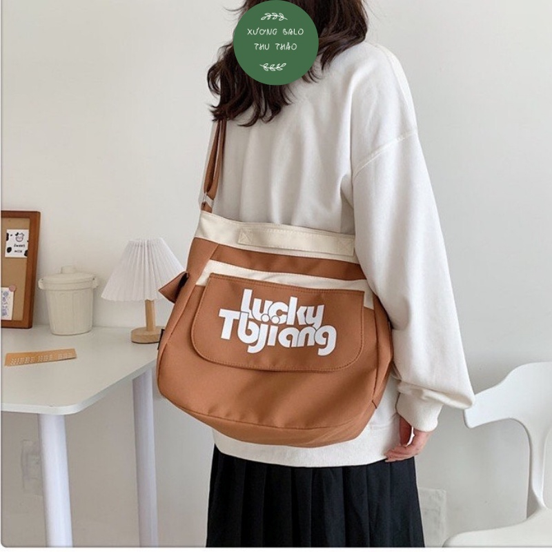 Túi đeo chéo Tote Vải canvas lucky nam nữ unisex Đi Học đi chơi Đựng Sách A4, laptop 14inch xuongbalothuthao