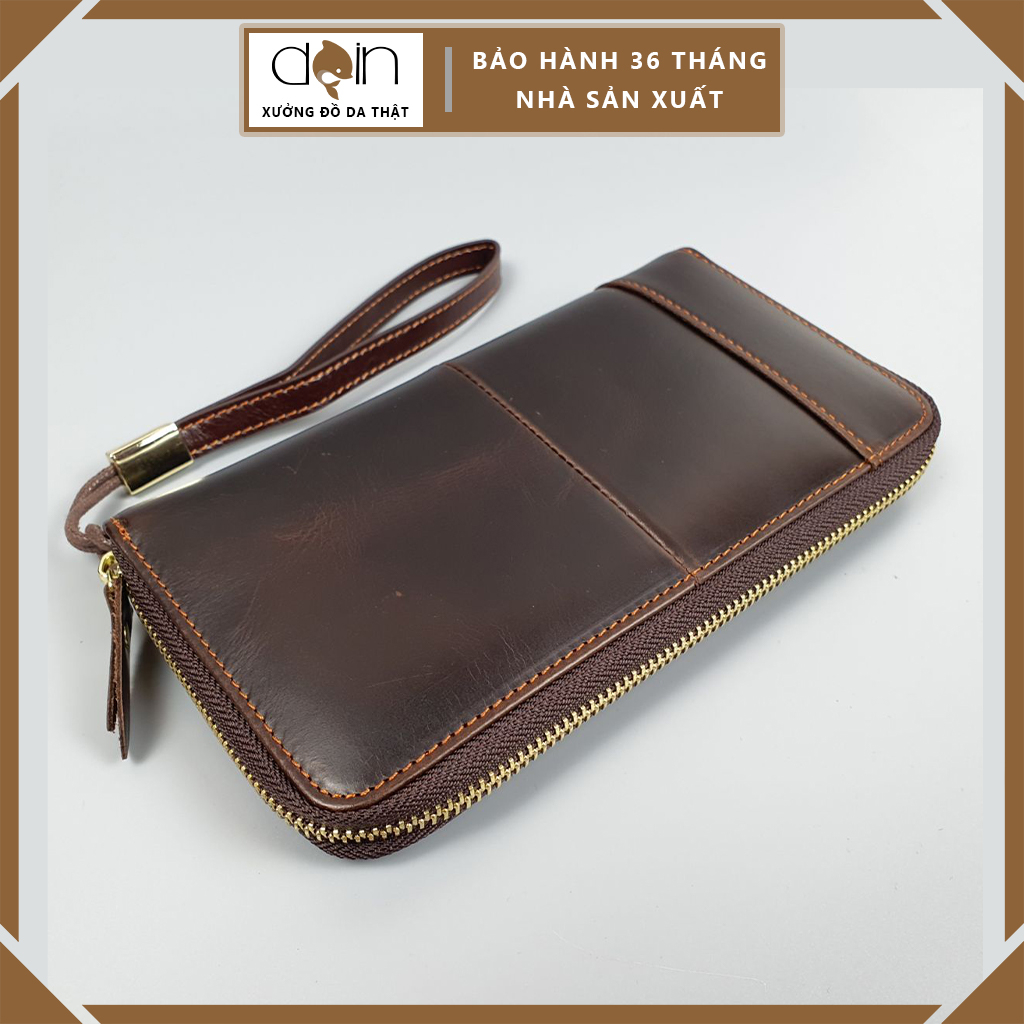 Ví cầm tay nam; Ví dài nam da bò thật WL121DOIN (Nâu) - Khóa đồng