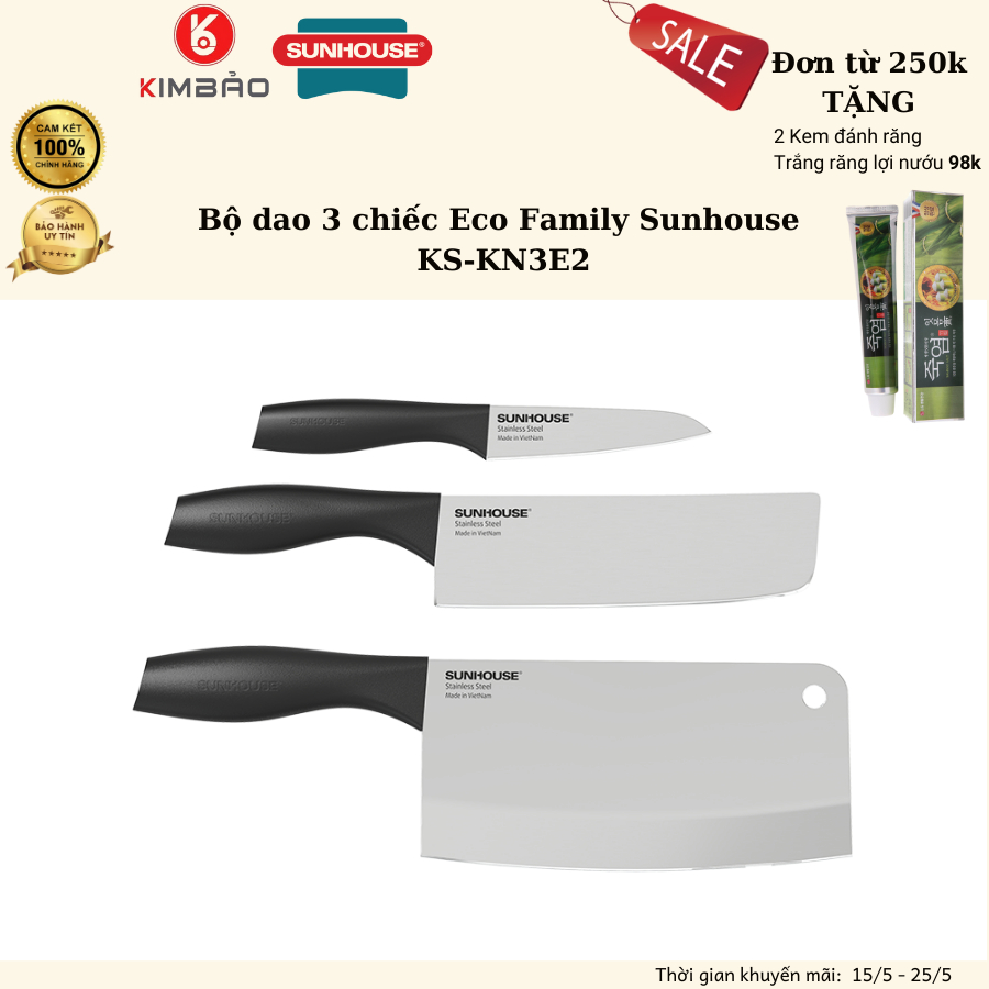 Bộ dao 3 chiếc Eco Family Sunhouse KS-KN3E1 Chính hãng. Dao thái, dao gọt.