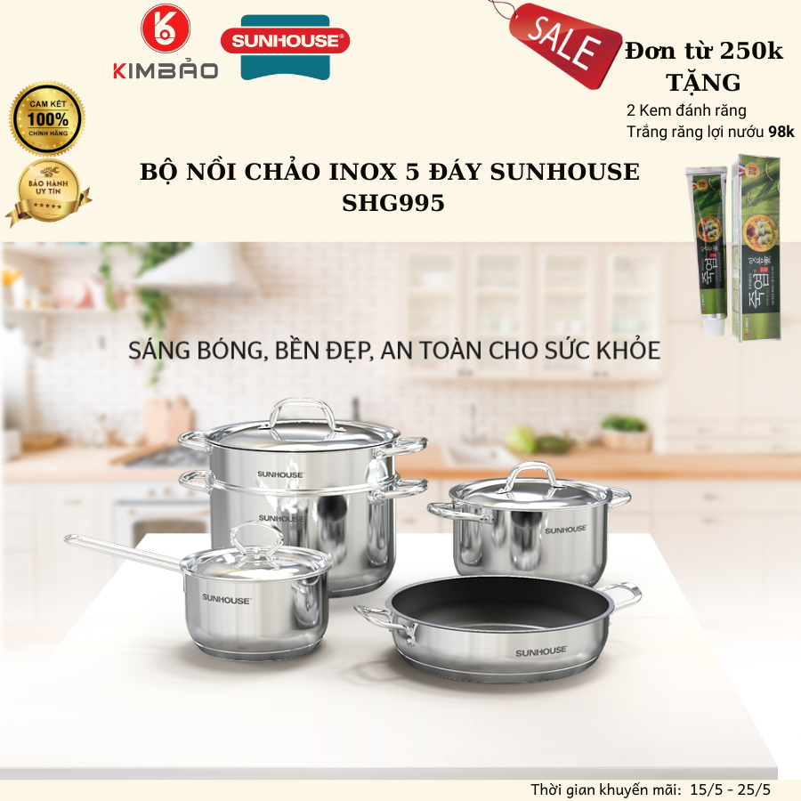 BỘ NỒI CHẢO INOX 5 ĐÁY SUNHOUSE SHG995 CHÍNH HÃNG