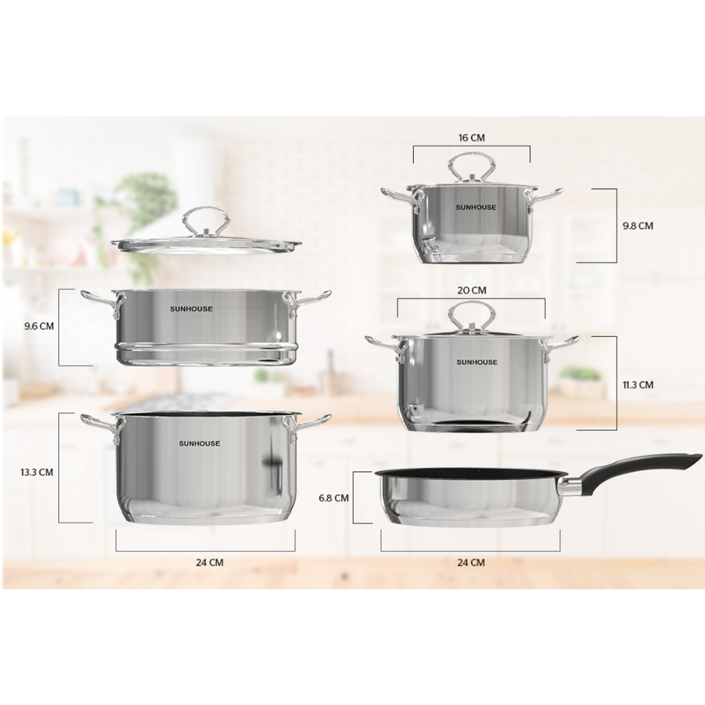 BỘ NỒI CHẢO INOX 5 ĐÁY SUNHOUSE SHG995 CHÍNH HÃNG