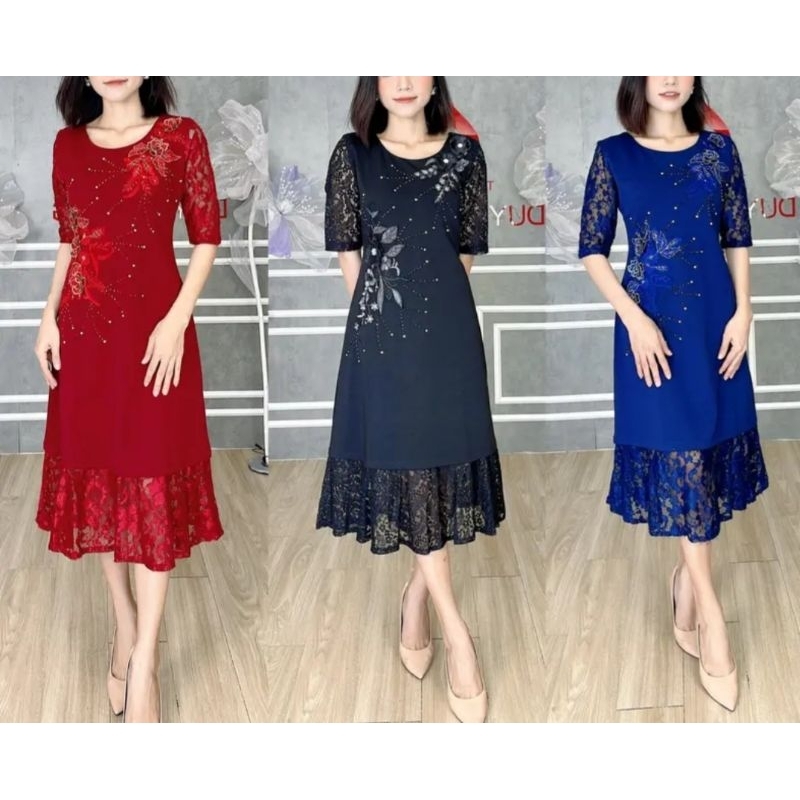 Đầm trung niên đi tiệc xòe đuôi cá chân ren đính cườm đá sang trọng cao cấp, Đầm dự tiệc trung niên xòe đuôi cá tay lỡ