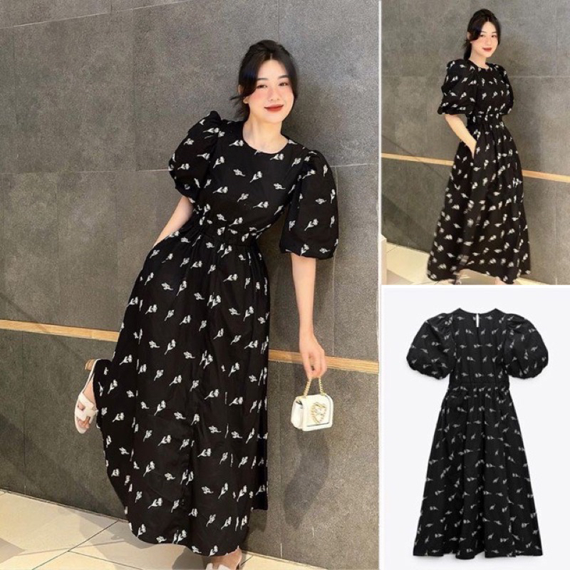 Đầm xoè đen tay phồng TQ