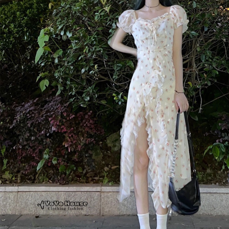 Vây hoa nhí xẻ tà phối ren nhẹ nhàng phong cách tiểu thư loli