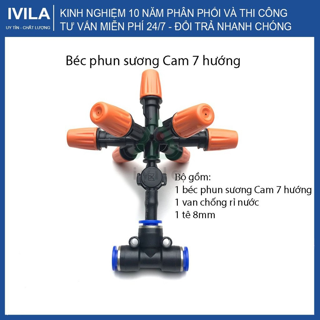 Bộ béc tưới phun sương cam 5 cửa, 7 cửa có van điều áp, các loại kết nối - Tưới phun sương cho lan, cây cảnh, làm mát