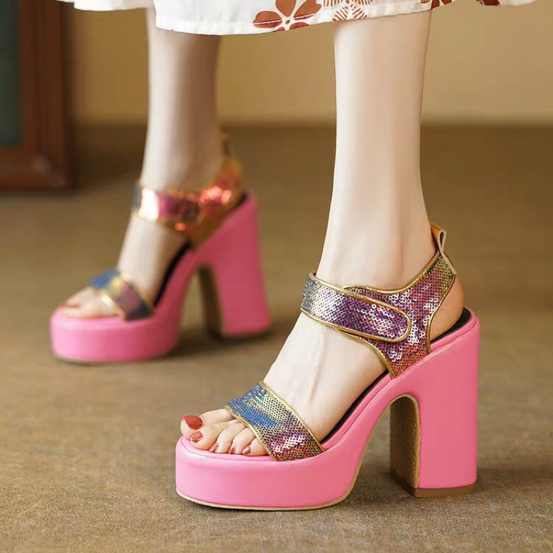 ORDER 🍈 Giày quai ngang da trơn sequin dán gót trụ đế dầy 12cm 34-39