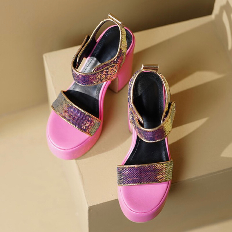 ORDER 🍈 Giày quai ngang da trơn sequin dán gót trụ đế dầy 12cm 34-39