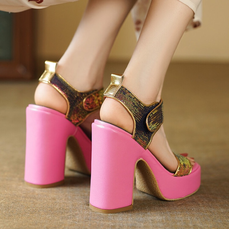 ORDER 🍈 Giày quai ngang da trơn sequin dán gót trụ đế dầy 12cm 34-39