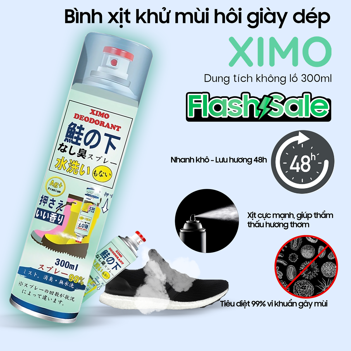 Bình xịt khử mùi hôi giày dép nano bạc kháng khuẩn Ximo lọ 300ml hương hoa tử linh lan, làm thơm tủ giày, vớ, quần áo.