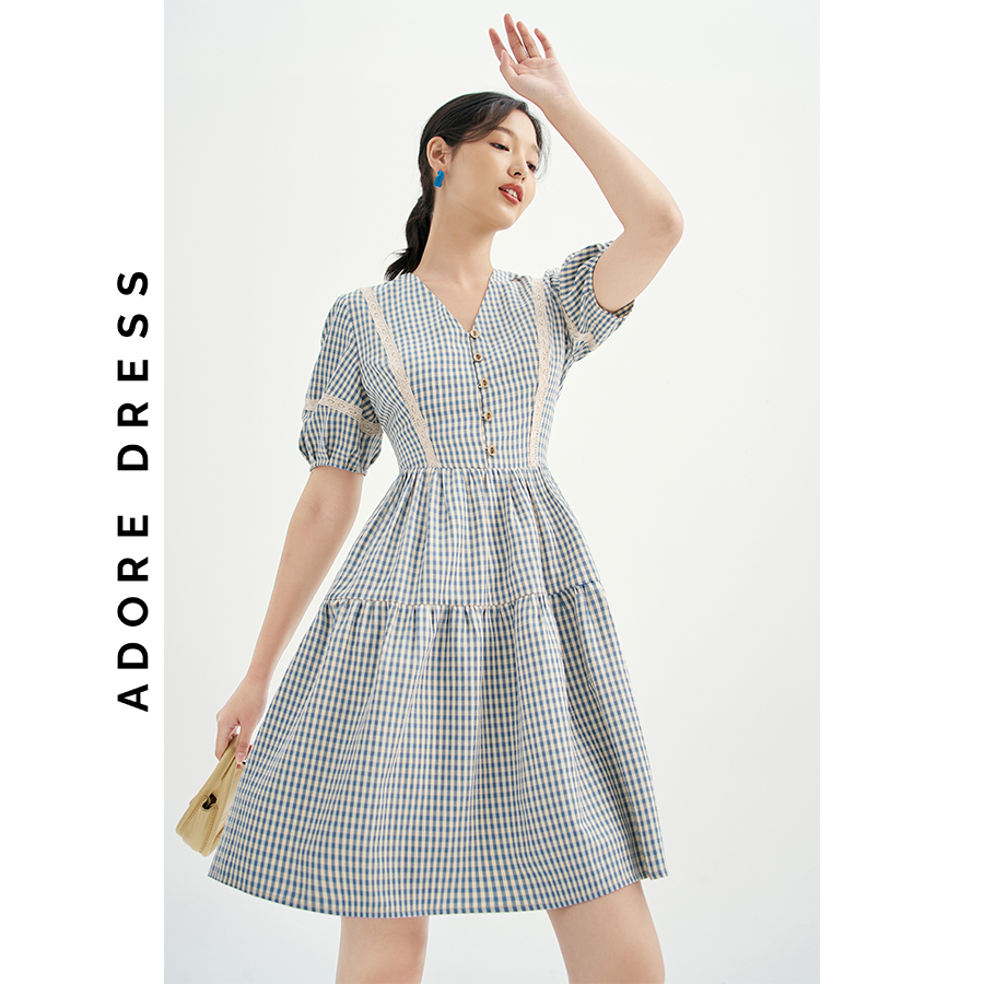 Đầm Mini dresses casual style thô karo blue phối ren 311DR1057 ADORE DRESS