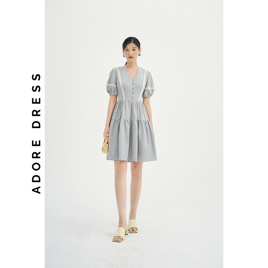 Đầm Mini dresses casual style thô karo blue phối ren 311DR1057 ADORE DRESS