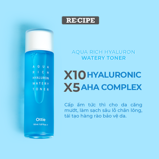 Toner Nước Cân Bằng Da Ottie cấp ẩm chuyên sâu Hyaluronic Acid Ottie Aqua Rich Hyaluron Waterly Toner 150ml