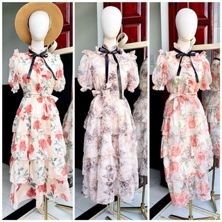 Đầm midi voan hoa bèo tầng nơ cổ đi biển/du lịch NÀNG CLOSET