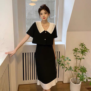 Set áo croptop nữ tay ngắn cổ sen mix chân váy midi dáng dài dập ly trắng thời trang có Bigsize-S01