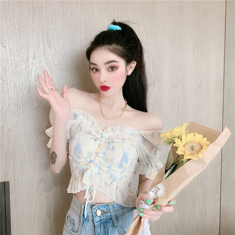 Hàng QC - Áo Kiểu Croptop Voan Hoa Tay Phồng Bo Chun Ngực Rút Dây Siêu Xinh  - JMA081401