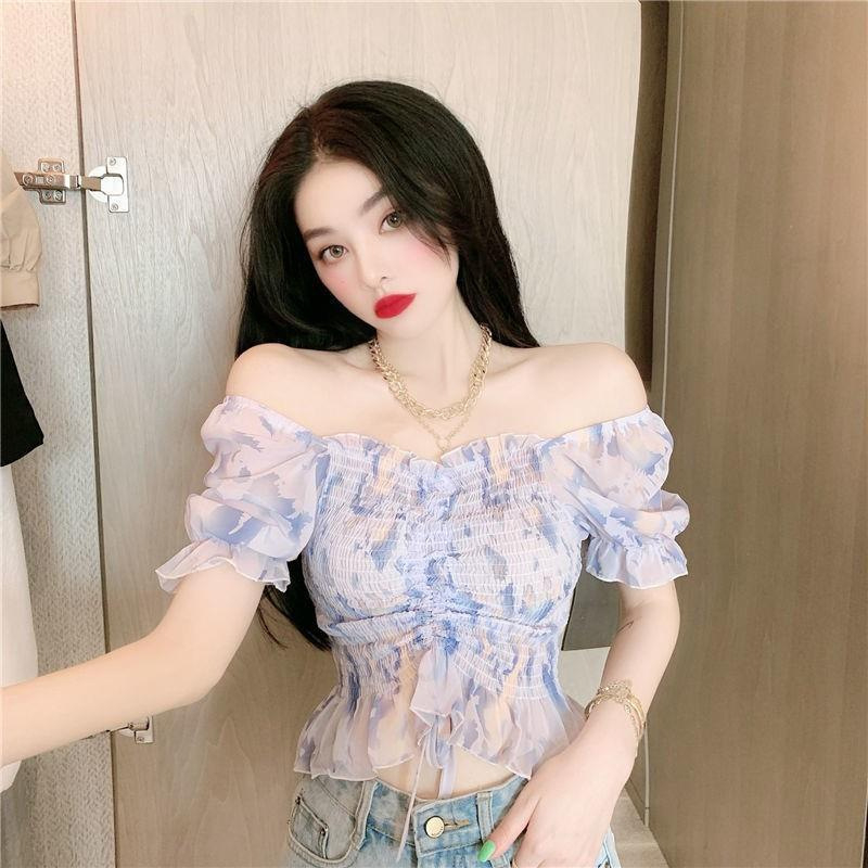 Hàng QC - Áo Kiểu Croptop Voan Hoa Tay Phồng Bo Chun Ngực Rút Dây Siêu Xinh  - JMA081401