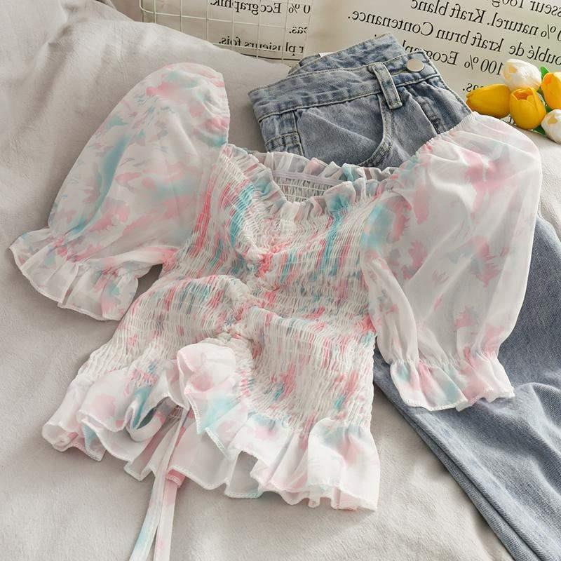 Hàng QC - Áo Kiểu Croptop Voan Hoa Tay Phồng Bo Chun Ngực Rút Dây Siêu Xinh  - JMA081401