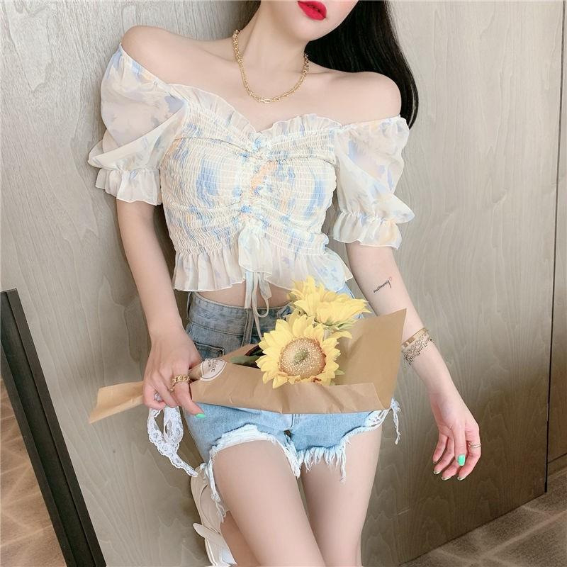 Hàng QC - Áo Kiểu Croptop Voan Hoa Tay Phồng Bo Chun Ngực Rút Dây Siêu Xinh  - JMA081401
