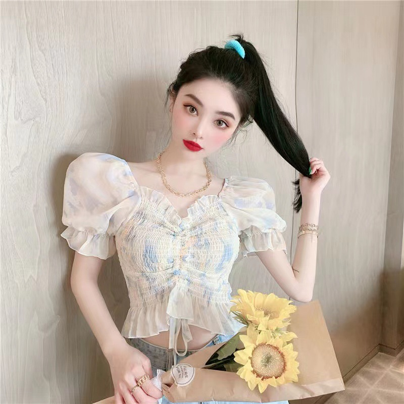 Hàng QC - Áo Kiểu Croptop Voan Hoa Tay Phồng Bo Chun Ngực Rút Dây Siêu Xinh  - JMA081401