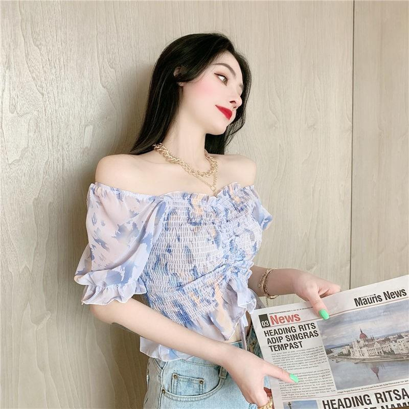 Hàng QC - Áo Kiểu Croptop Voan Hoa Tay Phồng Bo Chun Ngực Rút Dây Siêu Xinh  - JMA081401