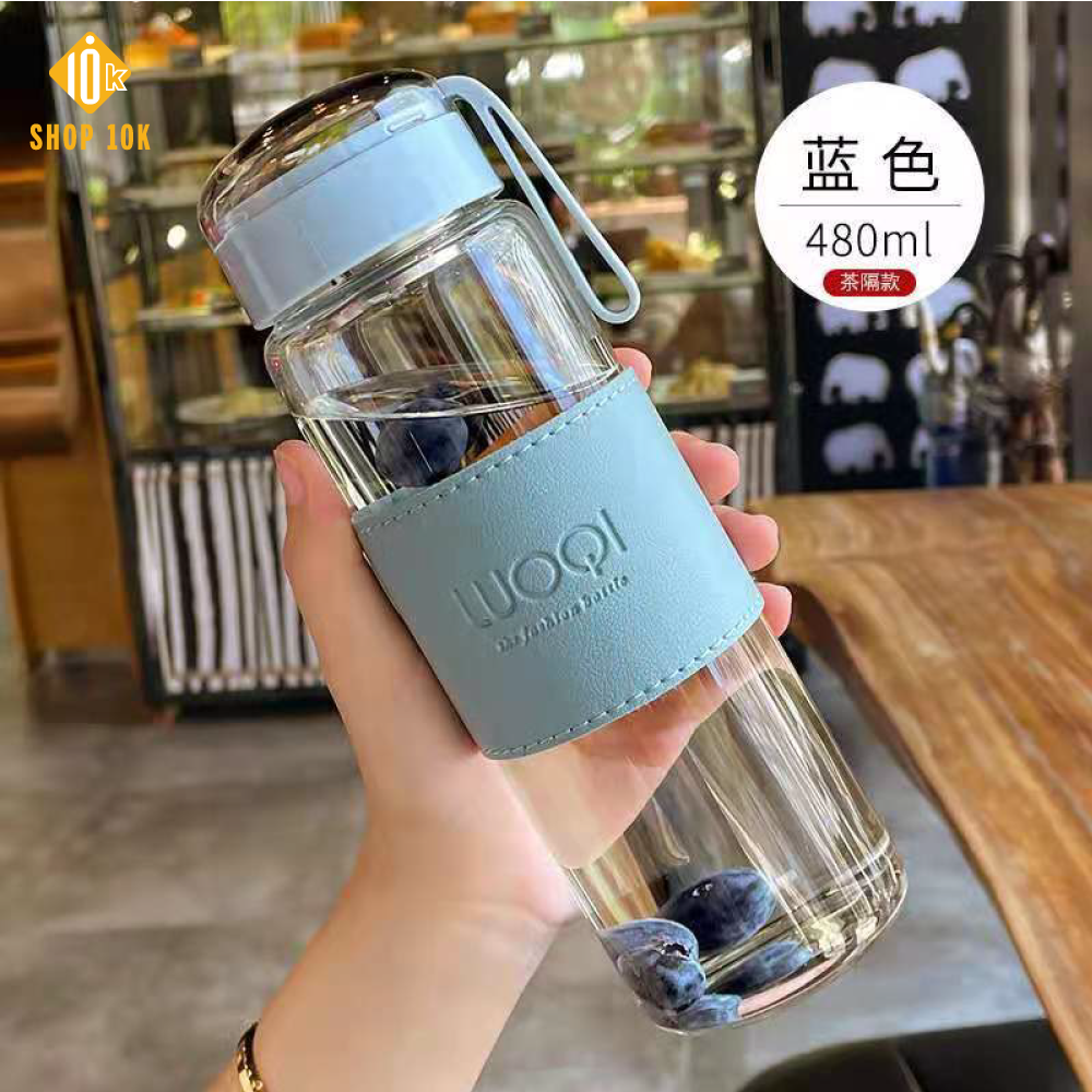 Bình nước thuỷ tinh chịu nhiệt, bình đựng nước cao cấp có dây xách màu sắc dễ thương 480ml- Shop10k