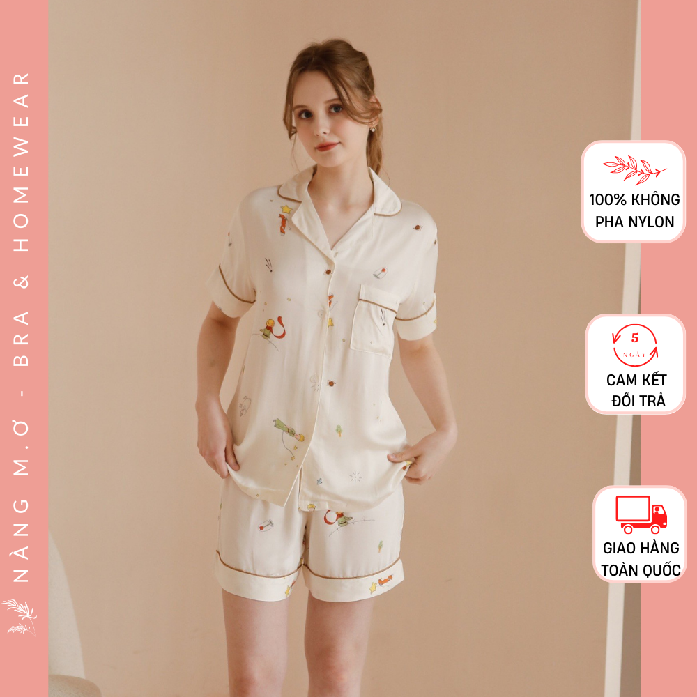 Bộ đồ mặc nhà nữ pyjamas dáng ngắn mềm mịn thoáng mát viscose tự nhiên cao cấp họa tiết Prince