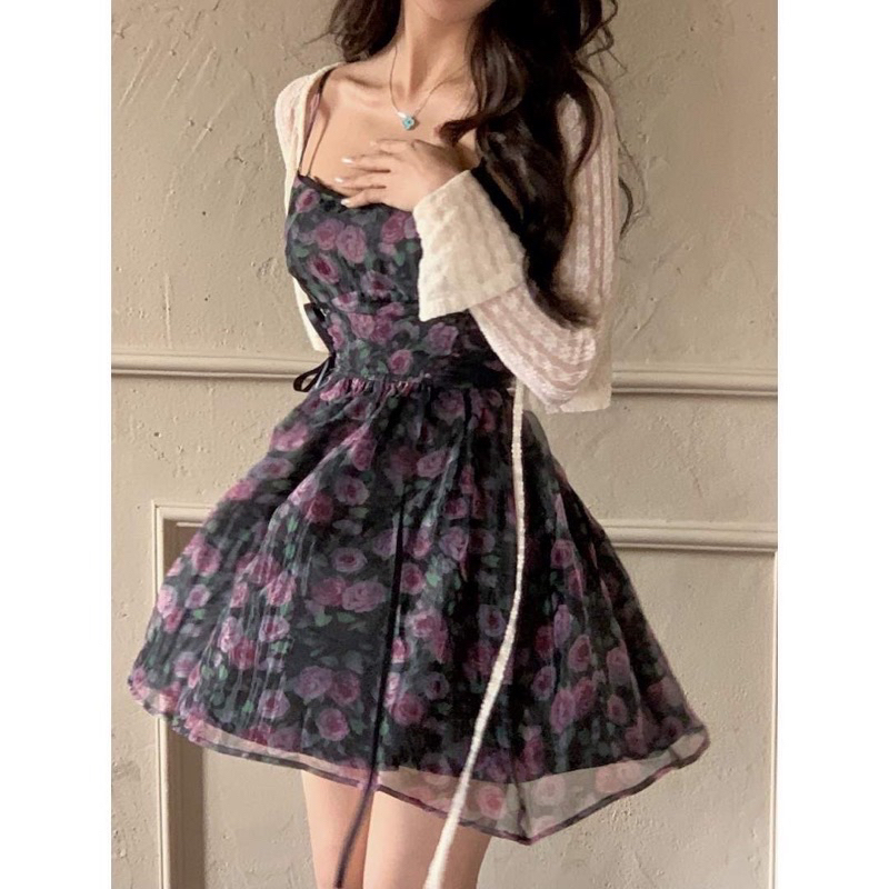 Đầm 2 dây hoa hồng chiết eo công chúa, váy 2 dây hoa hồng chiết eo