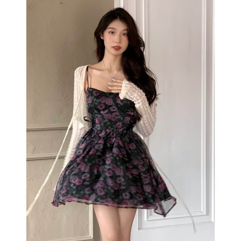 Đầm 2 dây hoa hồng chiết eo công chúa, váy 2 dây hoa hồng chiết eo