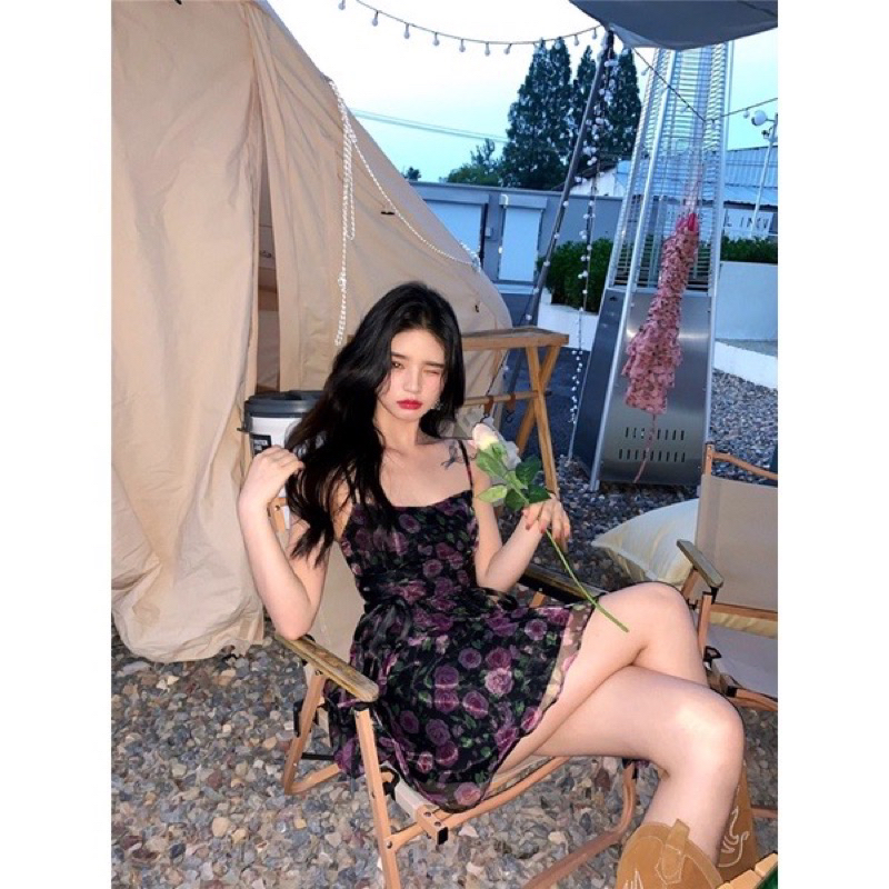 Đầm 2 dây hoa hồng chiết eo công chúa, váy 2 dây hoa hồng chiết eo