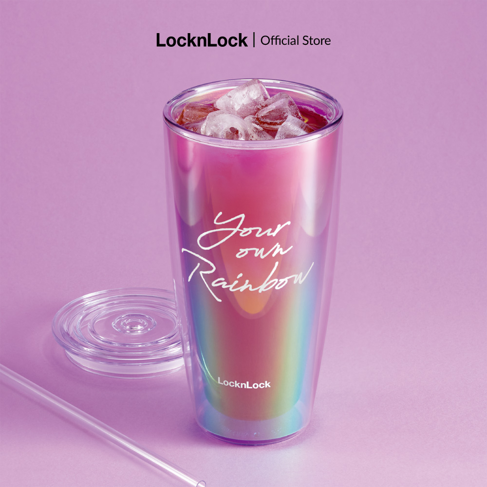 Ly nhựa 2 lớp Lock&Lock màu Violet kèm ống hút Your Own Rainbow double wall cold cup with straw HAP507VOLH